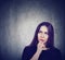 Pensive thoughtful woman on a blackboard background