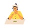 Pensive woman sitting with last cash on table vector flat illustration. Female looking on banknote feeling poorness and