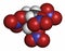 Pentaerythritol tetranitrate (PETN) explosive molecule. Also used as angina drug (nitrate class). 3D rendering. Atoms are