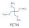 Pentaerythritol tetranitrate PETN explosive molecule. Also used as angina drug nitrate class. Skeletal formula.