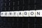 Pentagon text word title caption label cover backdrop background. Alphabet letter toy blocks on black reflective background.