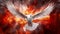 Pentecost Sunday. Flying white dove in fire background. Symbol of the Holy Spirit