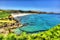 Pentewan coast Cornwall between Mevagissey and Porthpean England UK with turquoise sea in vivid colour HDR like painting