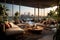 A penthouse living room seamlessly blending indoor and outdoor spaces, with a spacious terrace, lush greenery, and comfortable