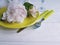 Peony flower, plate, knife restaurant menu white wooden background