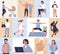 People daily activity set, active everyday life routine scenes, male female characters