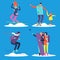 People, adult and kids snowboarding and skiing outdoor. Vector illustration