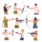 People aiming at target with different weapons set. Women and men training in tactical shooting cartoon vector