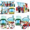 People in airport flat color icons set of pilot stewardess tourists with travel bags at checkpoint and security