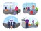 People in airport, flat man woman travel with luggage in set vector illustration. Terminal tourist departure cartoon