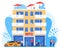 People arrive to hotel, men and women with baggage, vector illustration