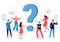 People ask question. Confused person asking questions, crowd finding answers and question sign vector illustration