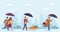 People autumn rain. Women and men with umbrella walking at rainy windy day on street, boy walking with dog and
