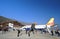 People with baggage walking and taking photograph in Paro airport after landing