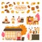 People in bakery, fresh pastry products, vector illustration