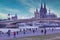 People on the banks of the Rhine in Cologne-Deutz with a view of the Deutz Bridge and the magnifice