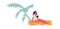 People at beach. Cartoon woman lie on sand under palm tree. Female in swimwear and sunglasses hold tropical cocktail