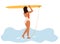 People at beach. Surfer in bikini carrying surfboard. Cartoon character doing summer activities. Woman surfing and