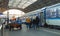 People boarding one of the blue trains of the national carrier in Czech republic, Ceske drahy, at the Prague main train station