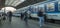 People boarding one of the blue trains of the national carrier in Czech republic, Ceske drahy, at the Prague main train station
