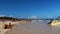 People boats caribbean coast and beach panorama view Tulum Mexico