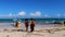 People boats caribbean coast and beach panorama view Tulum Mexico