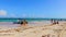 People boats caribbean coast and beach panorama view Tulum Mexico