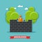 People build bricks wall. Construction site concept vector banner.