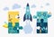 People build a rocket spacecraft. Solid teamwork in a startup. Vector colorful business illustration