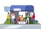 People on bus stop. Cartoon characters in queue waiting for public transport, diverse male and female characters. Vector