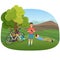 People with camera and bicycles in nature near mountains vector illustration.