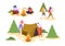 People Camping Forest Nature Set. Man Woman Walk Hiking Backpack in Wildlife Park. Couple Character Roast Marshmallow