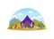 People Camping and Hiking on Nature, Cheerful Tourists in Mountain Landscape, Summer Holidays Adventure Vector