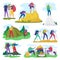 People camping, hiking in summer adventure activity vector illustration set, cartoon flat active character in tourist