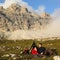 People camping in the mountains with spectacular landscape