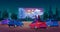 People in car cinema concept vector illustration, cartoon couple driver characters watching movie at big screen of open