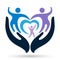 People care family care heart shaped love children Helping hands world giving open caring hands hold family logo icon vector