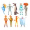 People in carnival costumes set, funny persons dressed as an butterfly, robot, wolf, astronaut, superhero, ninja turtle
