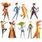 People in carnival costumes set, funny persons dressed as a pirate, magician, tigress, superman, dinosaur, alien, zombie