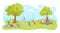 People at cartoon picnic, happy park leisure vector illustration. Summer nature landscape and family lifestyle at