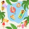 People in cartoon style on mattresses, hot summer, outdoor recreation, happy vacationers beach, design, flat vector