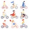 People in Casual Clothes Riding Bicycles Set, Cycling Men and Women Exercising, Relaxing or Going to Work Vector