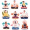 People Character Doing Meditation Sitting in Lotus Pose Practicing Mindfulness Vector Set