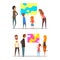 People Characters in Art Gallery Viewing Abstract Modern Exposition and Artwork Vector Set