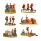 People Characters with Backpack Engaged in Hiking and Trekking Having Camp Adventure Vector Set