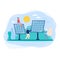 People characters with big solar panel in city park concept, vector illustration on white background. Eco clean modern