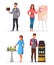 People characters presenting new goods cartoon set