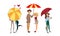 People Characters Standing Under Umbrella Enjoying Rainy Weather Vector Illustration Set