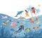 People Characters Swimming, Diving and Snorkeling in Sea Vector Illustration