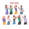 People Characters Wearing Face Mask Showing Stop Virus Sign with Their Hands Vector Illustration Set